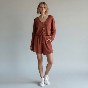 Free People free-est Monica Cardigan and Short Matching Set Terracotta Knit